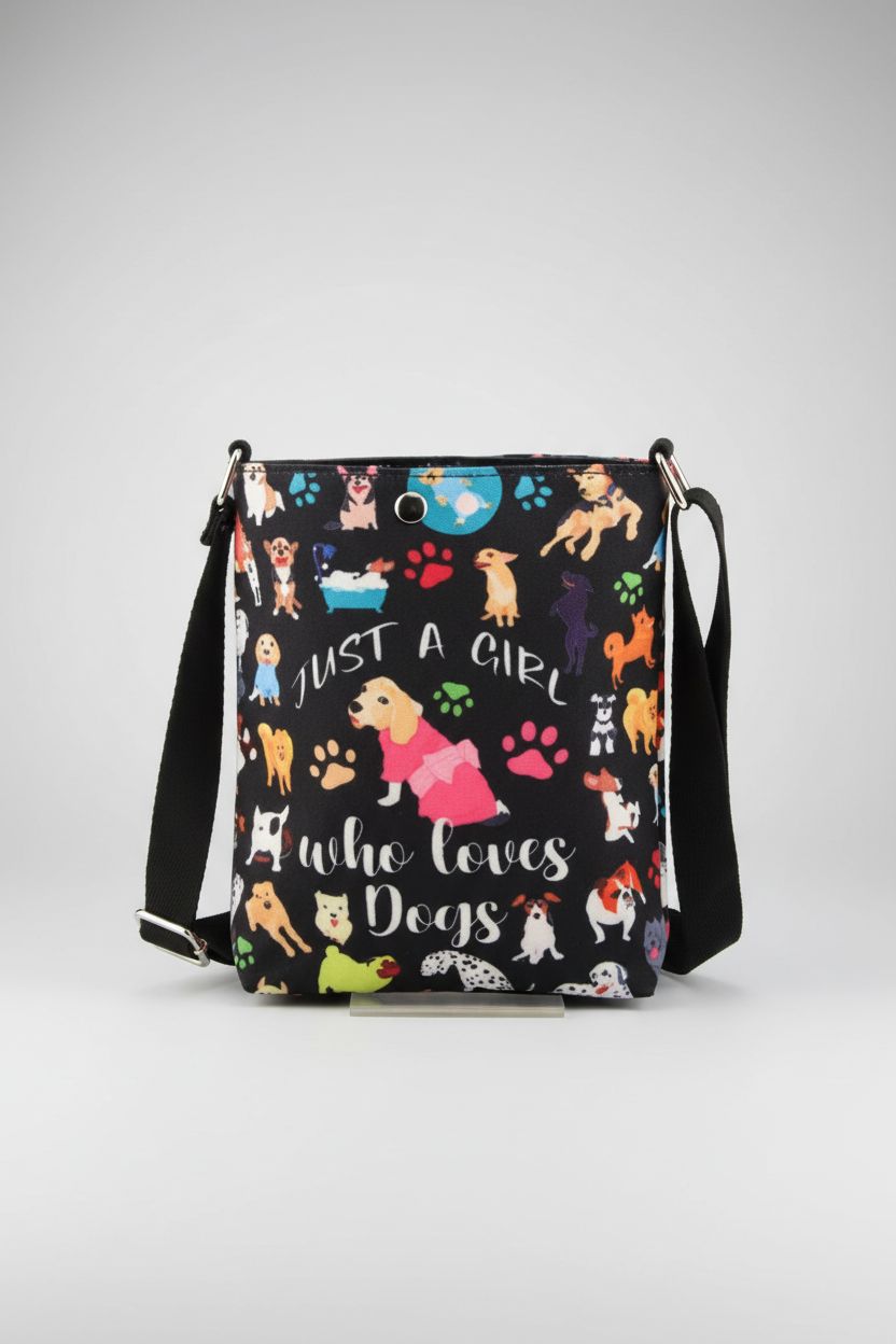 CMNIM dog print crossbody bag displayed on a gray backdrop, highlighting its detailed design