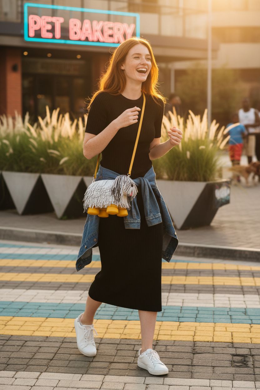 Lyuxhetaokdiq dog shaped purse in a stylish urban park setting, showcasing its chic design.
