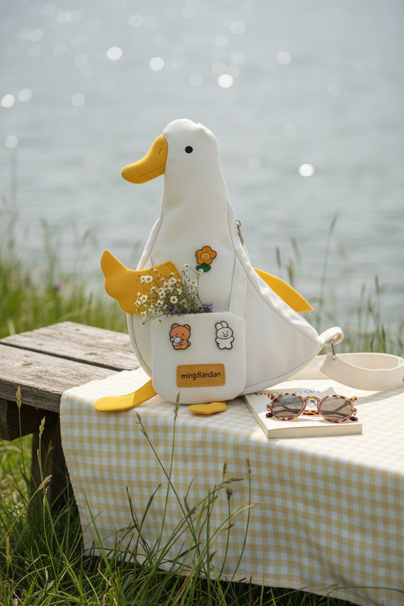 PRLINJSK Duck Bag beside a picnic scene, showcasing its playful design and details.