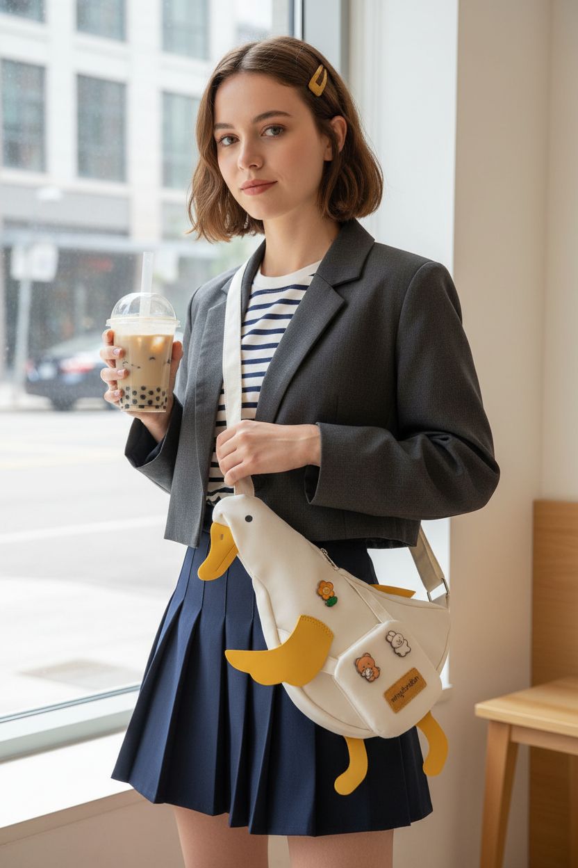 PRLINJSK Kawaii Duck Purse shown at a cozy café, featuring cute pins and easy access.