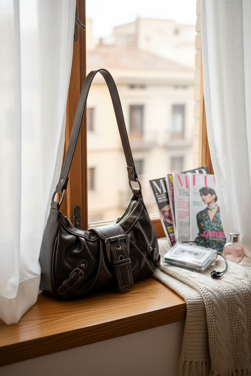 Liadreem Y2K hobo purse nestled in a cozy apartment setting with fashion magazines and a cassette player.