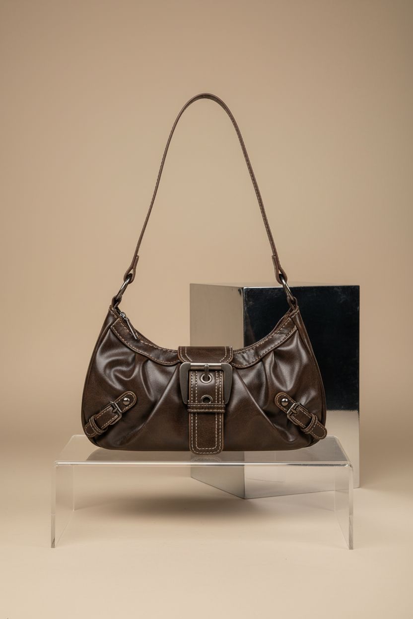 Stylish Liadreem coffee hobo handbag on a polished acrylic stand, highlighting its sleek design and features.