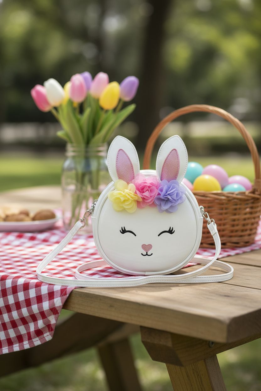 Bunny bag resting on a picnic blanket, surrounded by spring flowers, by Gymboree.