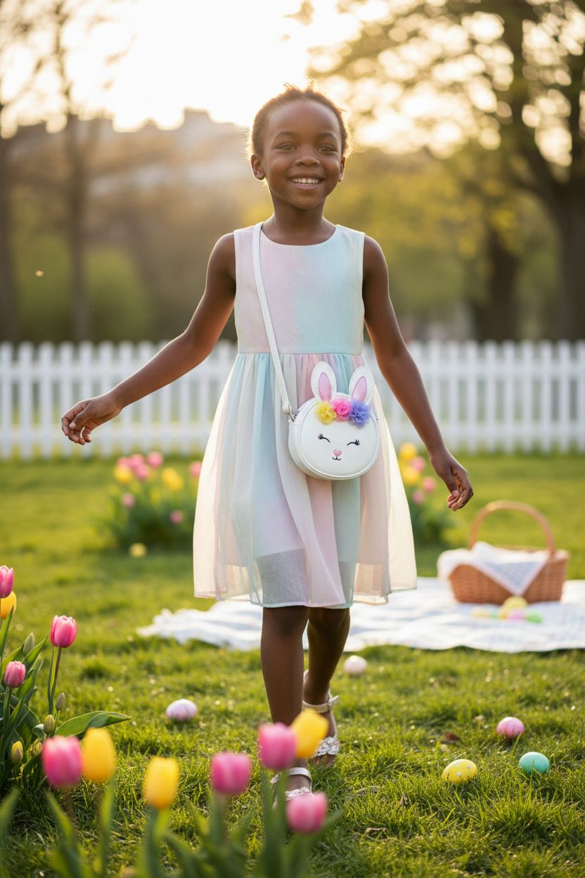 White patent-leather bunny crossbody bag by Gymboree, perfect for Easter festivities.