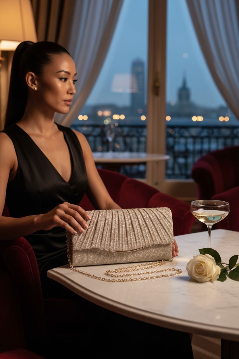 Champagne clutch purse by lovyoCoCo on marble table with rose in moody lounge atmosphere
