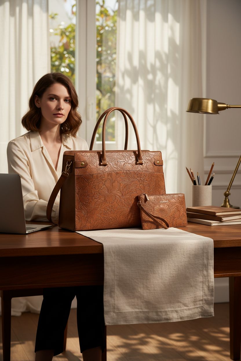 LOVEVOOK brown embossed tote bag on a walnut desk in a serene home office setting