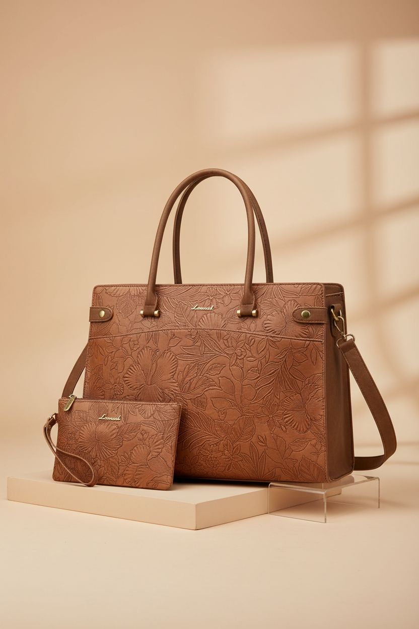 LOVEVOOK brown embossed laptop tote bag showcased on a clean studio set