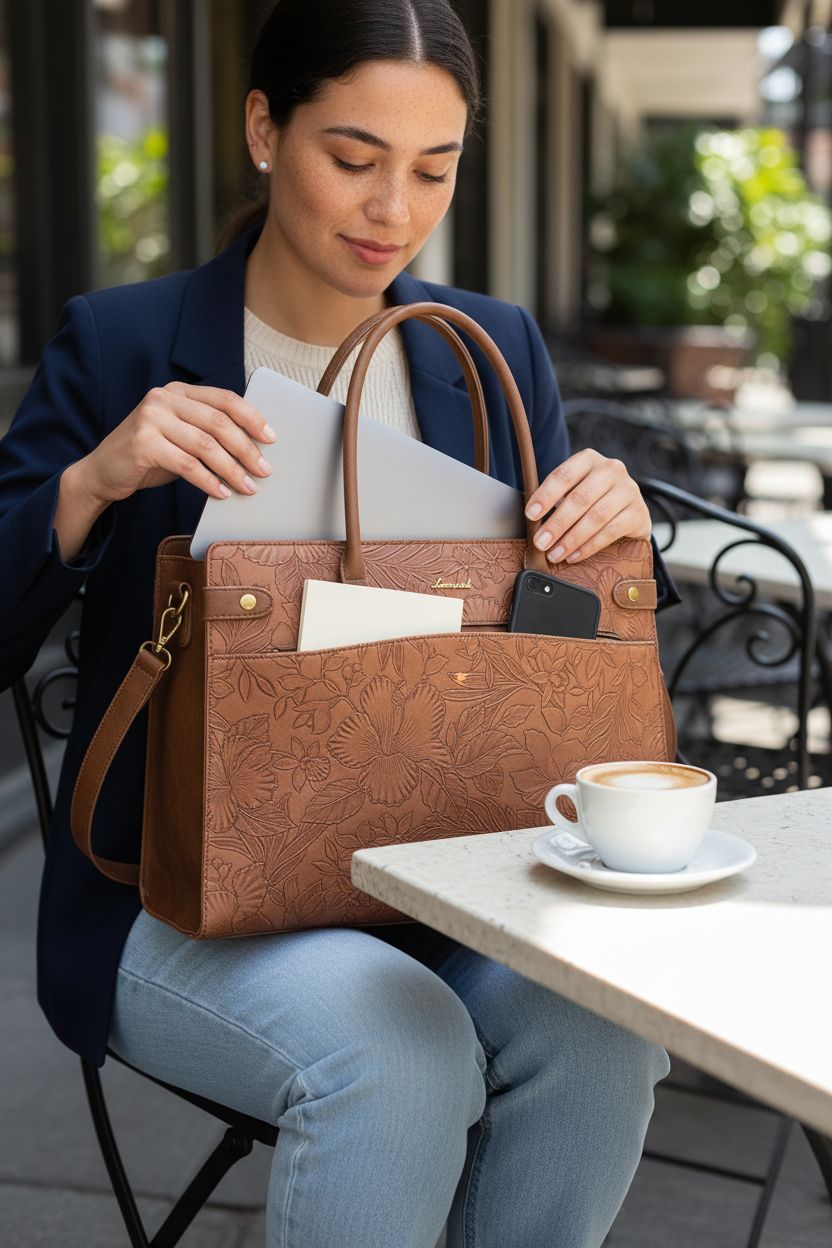 LOVEVOOK brown embossed laptop tote bag on a café patio with laptop and notebook