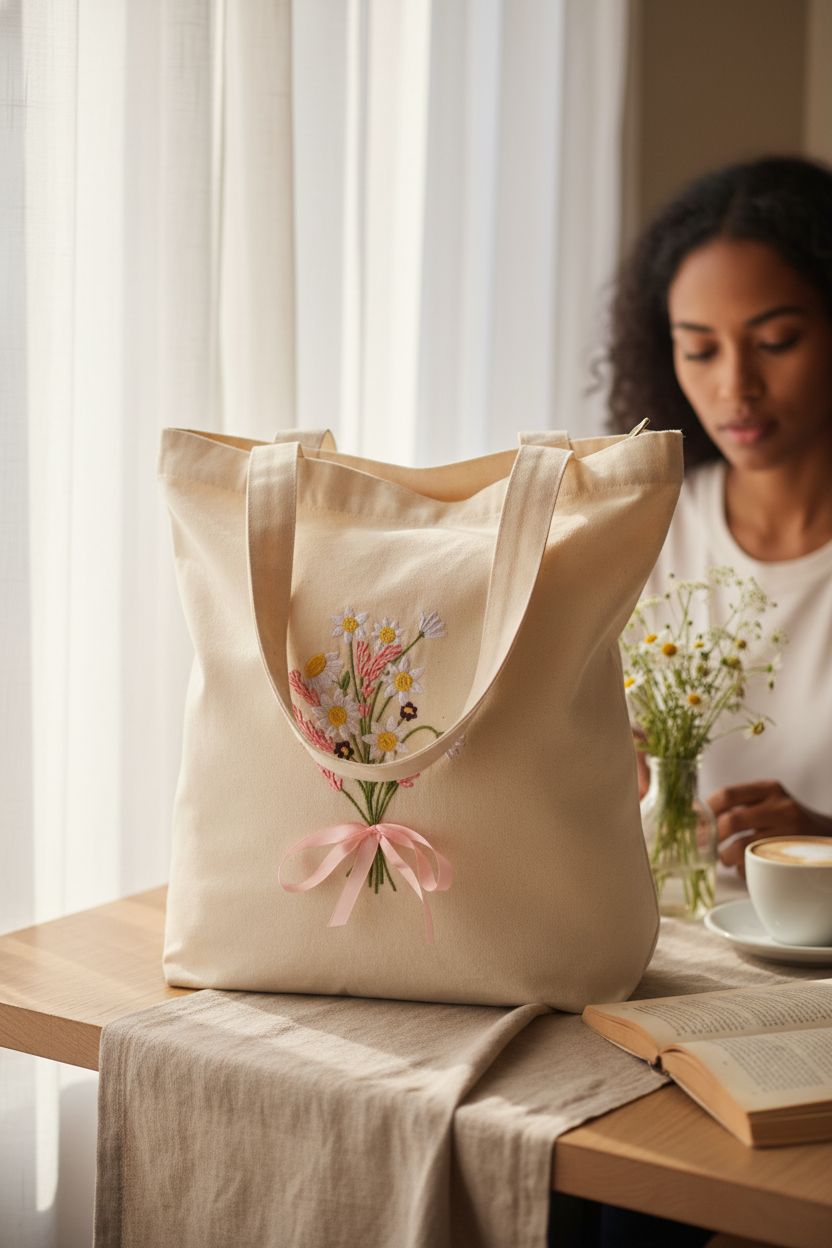 Sunnymove embroidered tote on a bistro table with flowers and a latte, perfect for readers.