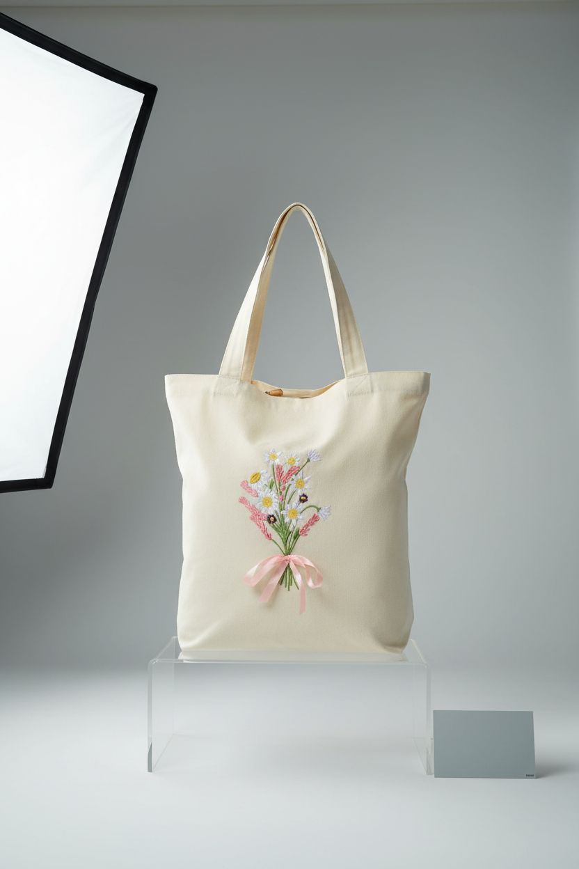 Sunnymove embroidered tote bag with pink bow on a minimal backdrop, highlighting embroidery details.