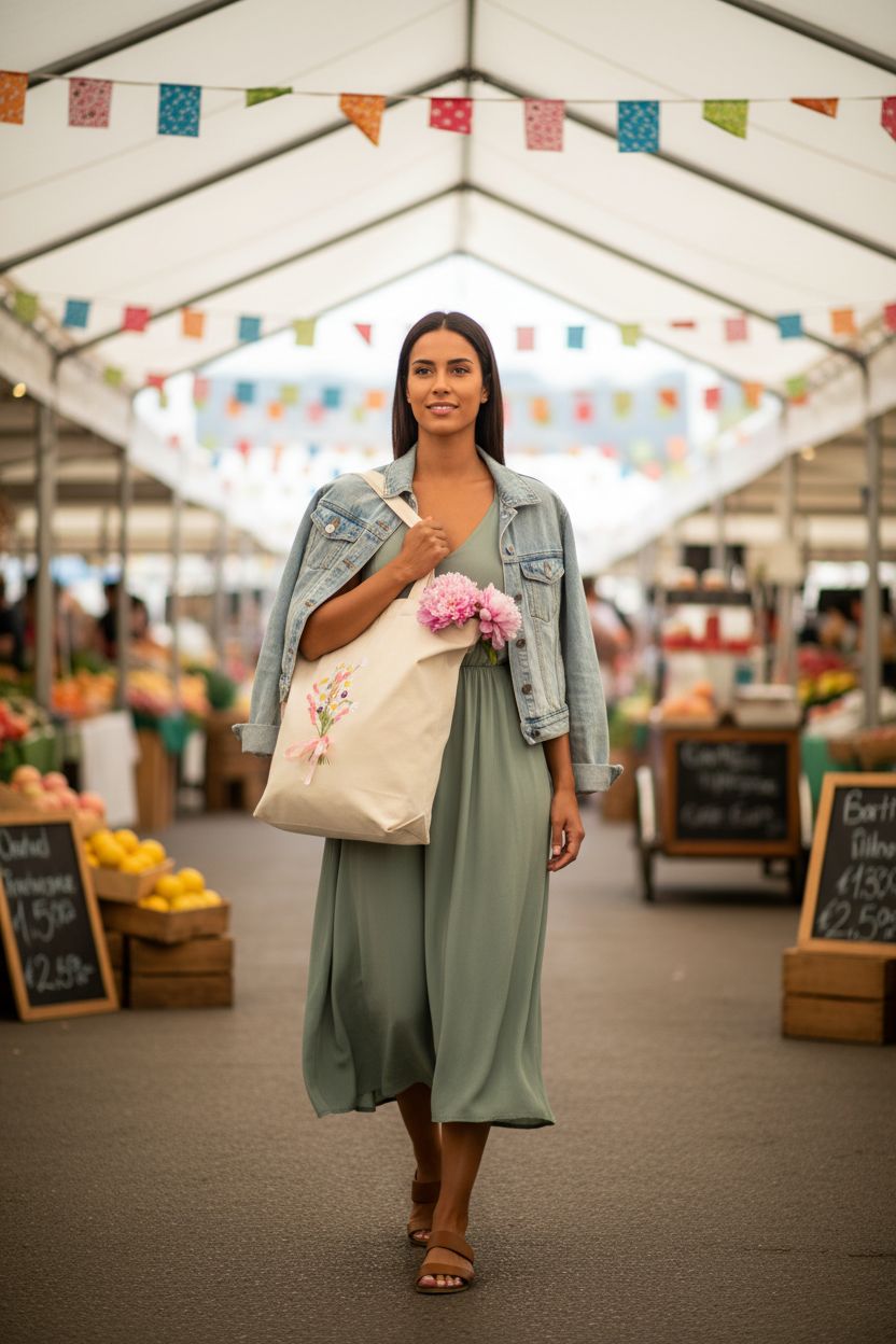 Sunnymove embroidered tote bag at a farmers market, showcasing peonies and a sage dress.
