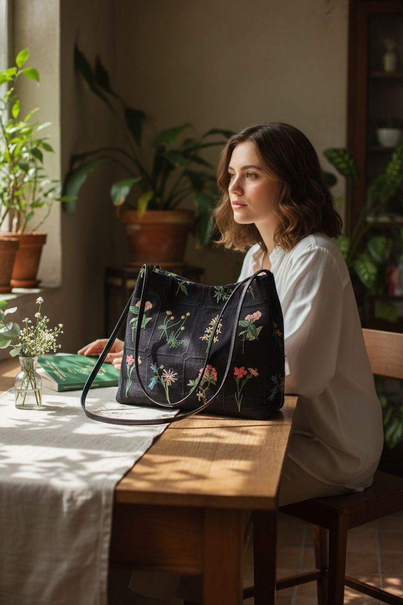 Lefe Liee embroidered black tote bag beside a field guide in a botanical nook