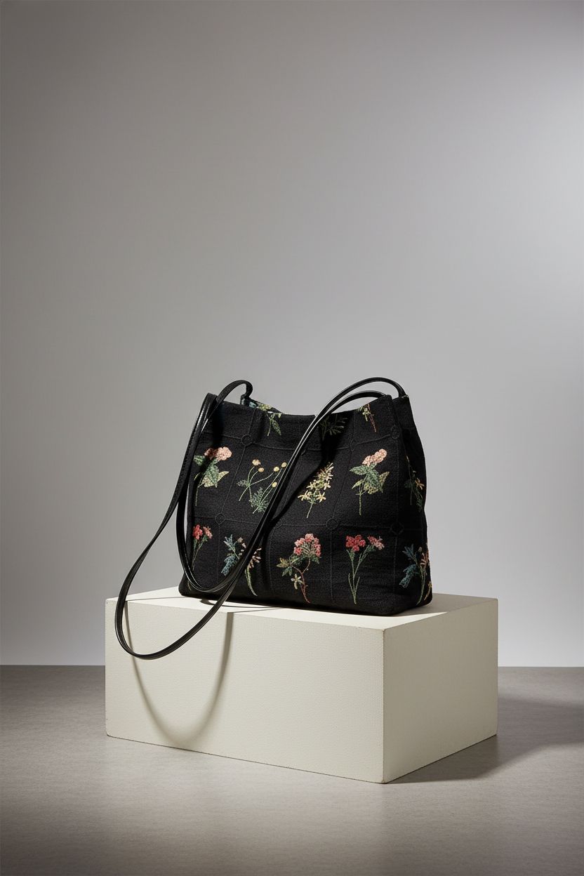 Lefe Liee black canvas tote bag showcasing detailed embroidery and texture