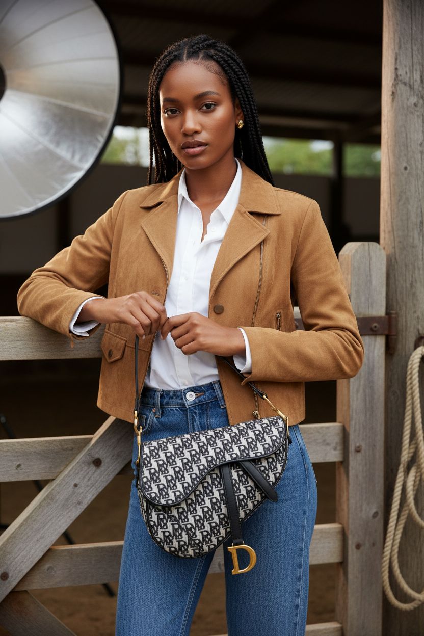 wkdixkoo equestrian purse, sleek design with saddle flap and gold hardware at a paddock gate