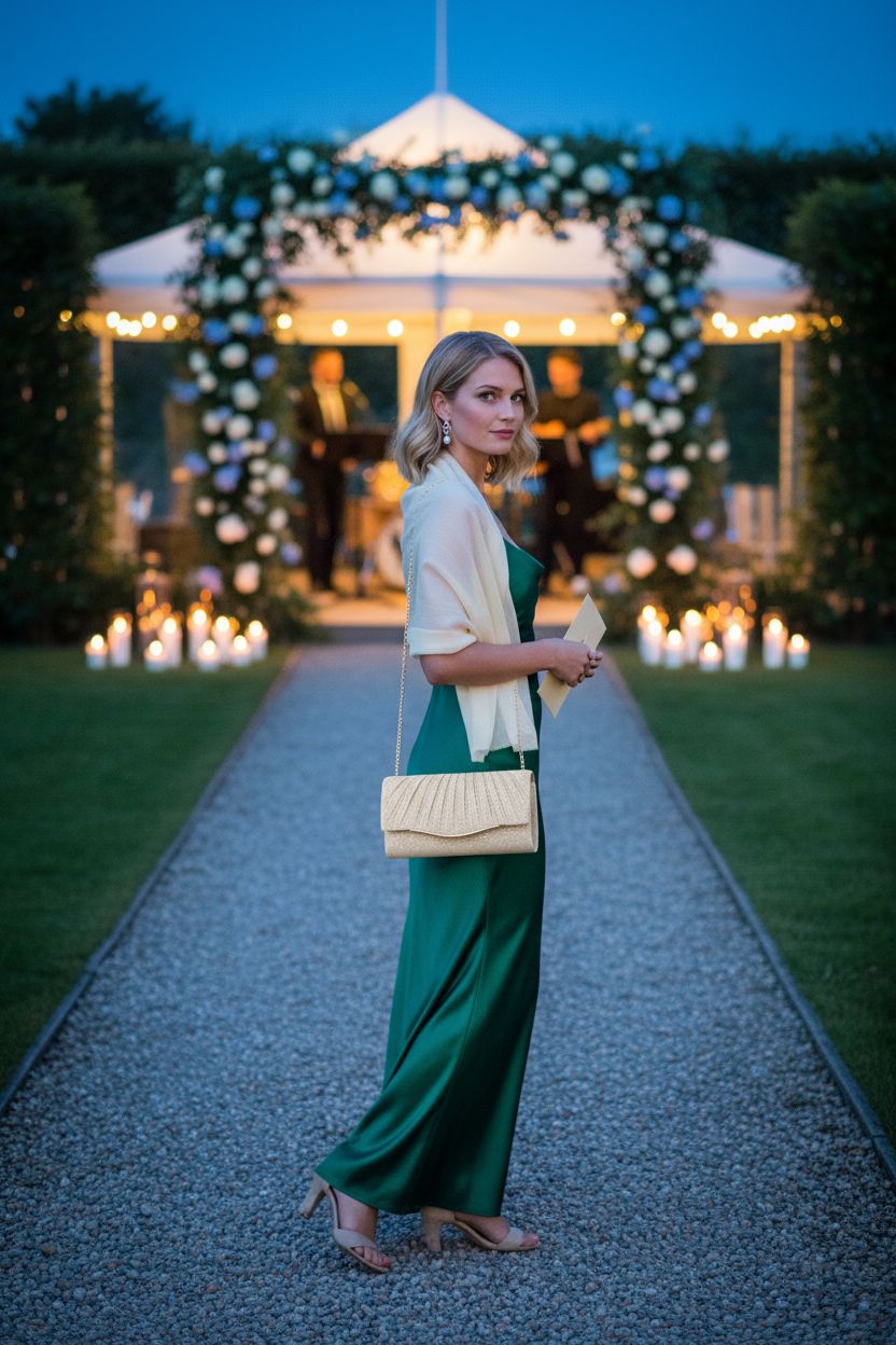 Chic champagne clutch by lovyoCoCo at a twilight wedding, ideal for formal events.