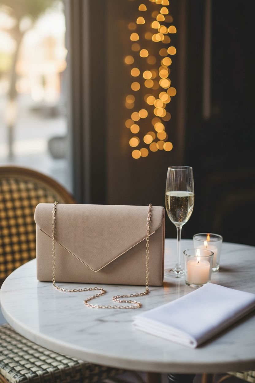 BBjinronjy taupe suede envelope clutch on marble table at wedding reception.