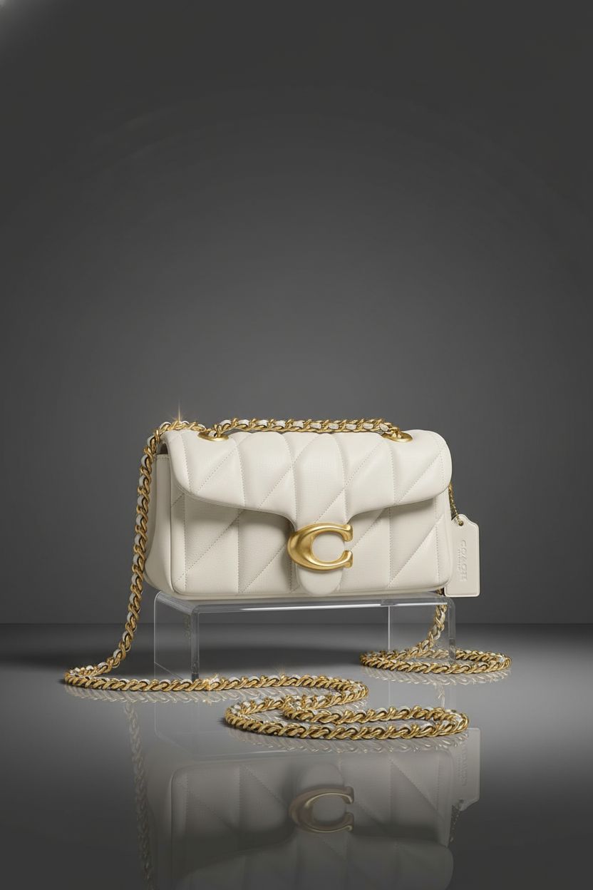 Close-up of Coach Quilted Tabby Shoulder Bag 20 in chalk with gold hardware, emphasizing its premium design.