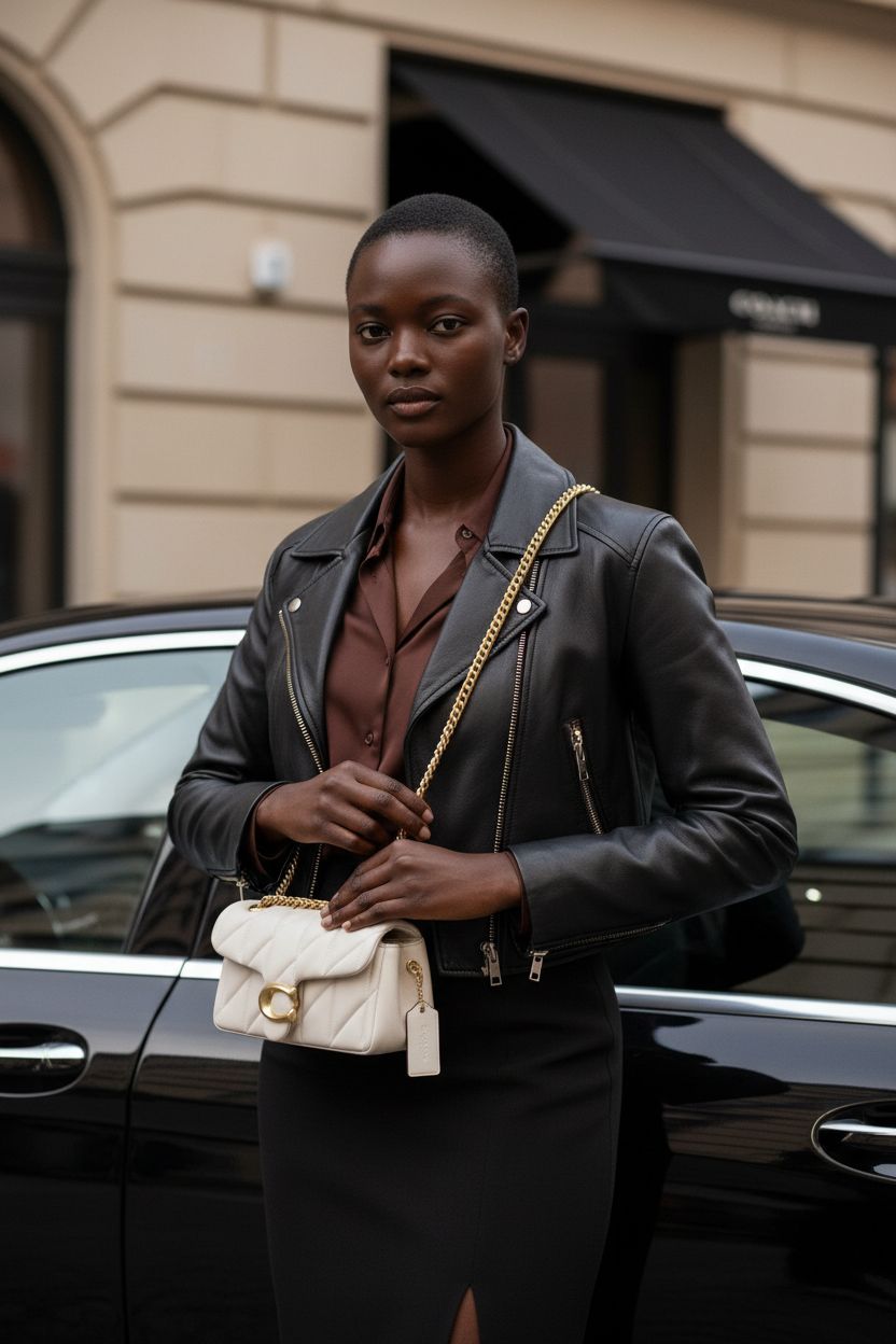 Chalk Coach Quilted Tabby Shoulder Bag with chain strap at a fine-dining valet, showcasing luxe details.