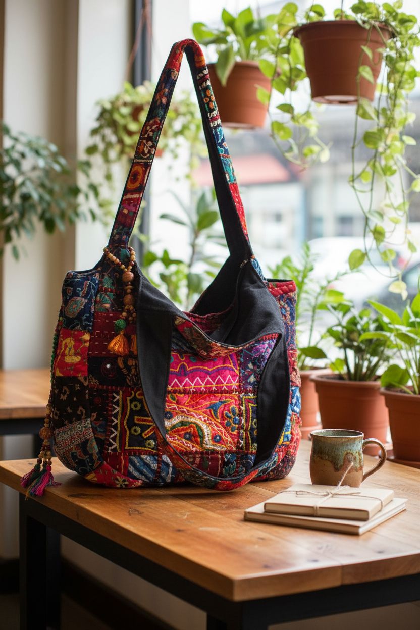 Tribe Azure fair trade patchwork tote on a wooden table in a cozy café setting.