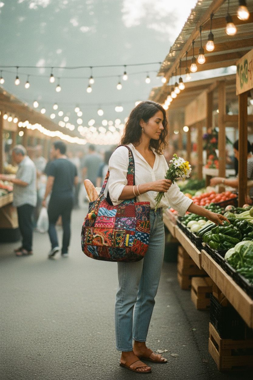 Vibrant red Tribe Azure fair trade patchwork tote bag at a weekend farmers market.