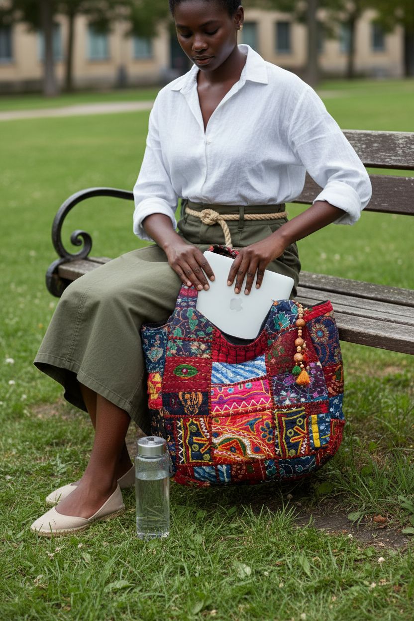 Roomy Tribe Azure fair trade patchwork tote with laptop and notebook on campus green.