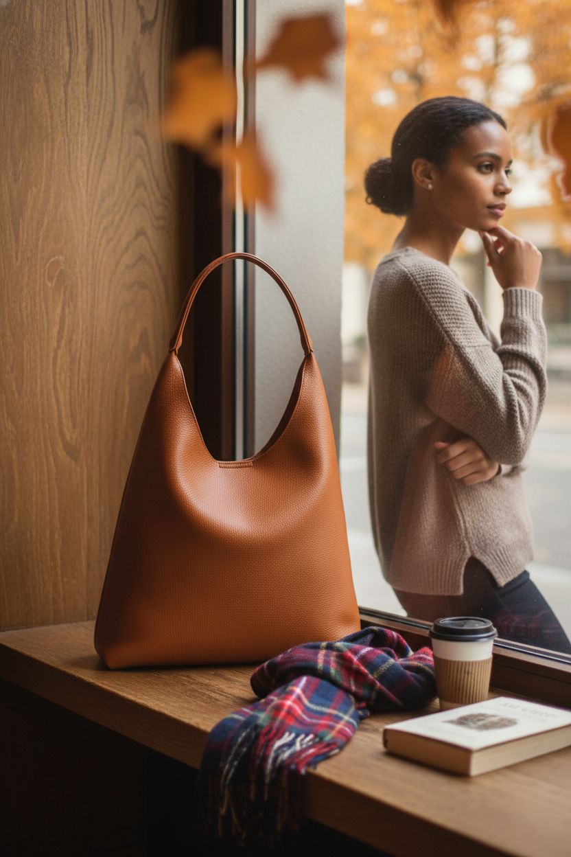 Cozy setting with HOXIS orange-brown bag on a bench beside a scarf and coffee, evoking fall warmth.