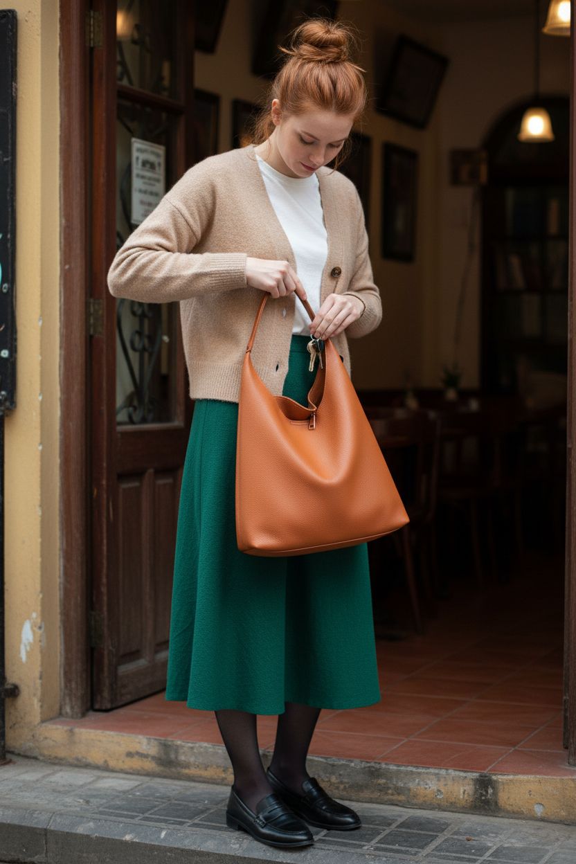 Orange-brown Hobo Bag by HOXIS showcased outside a café, highlighting its stylish slouchy design.
