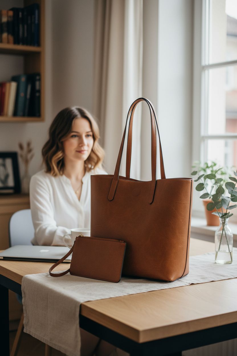 Montana West faux leather tote bag in cozy home workspace, suggesting daily use and comfort.