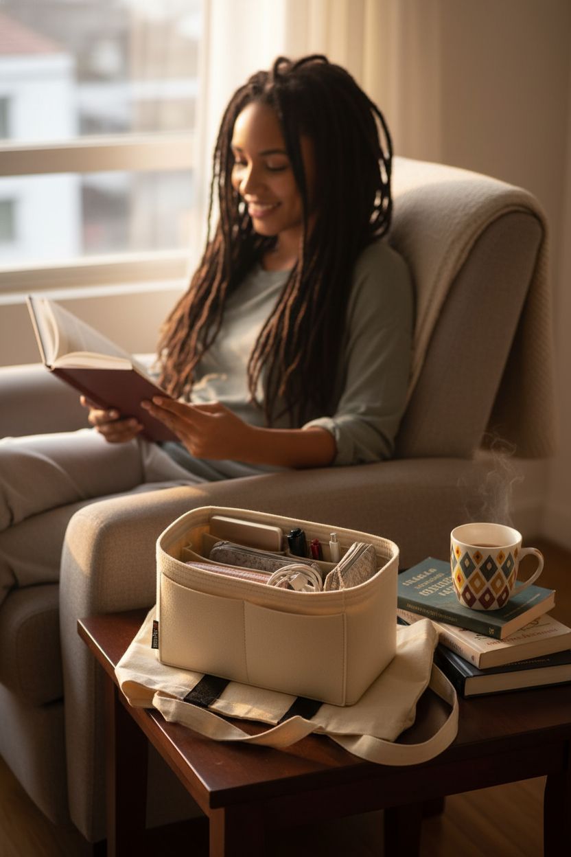 Cozy reading nook featuring OMYSTYLE felt organizer beside a tote and books