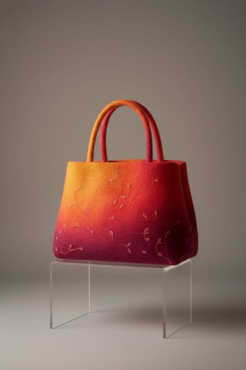 Elegant orange-magenta felted bag showcased on an acrylic riser in a studio setting, brand's premium felted bags