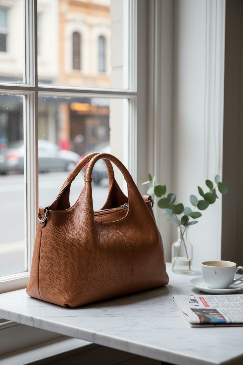Iswee sorrel leather handbag elegantly displayed on a marble table in a café.