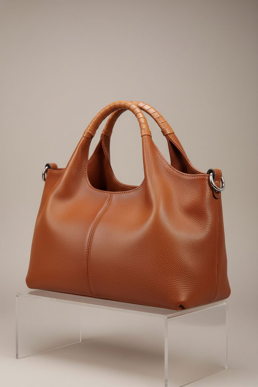 Iswee medium-sized leather handbag highlighting its pebbled texture and silver accents.