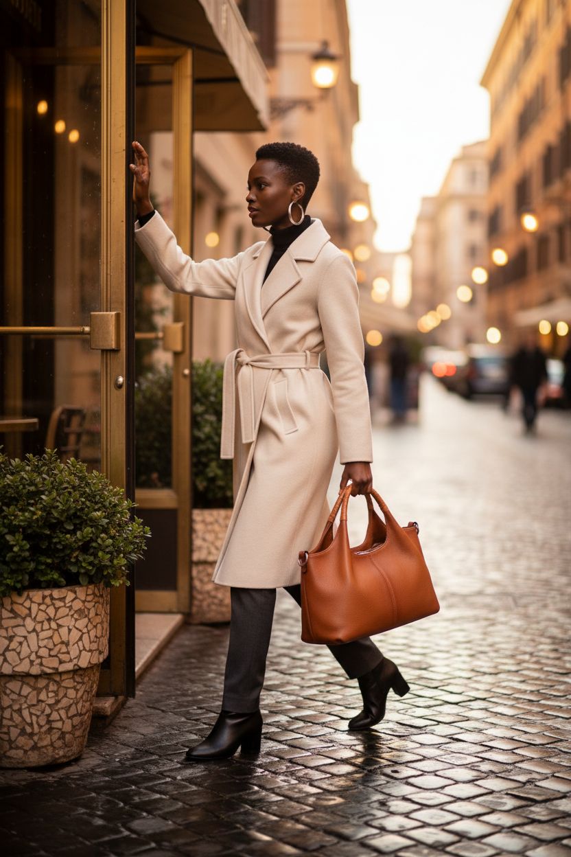 Iswee sorrel leather handbag styled with a cream coat, showcasing fine craftsmanship.