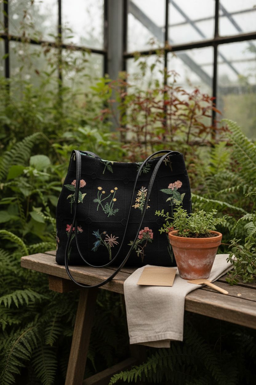 Lefe Liee floral tote bag on wooden bench in botanical greenhouse with plants