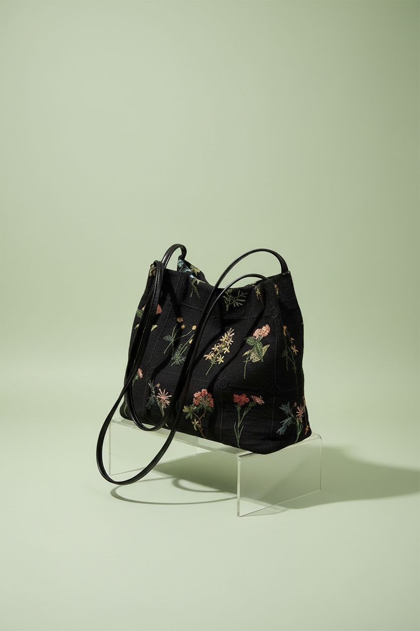 Lefe Liee floral tote bag showcasing embroidery and structured design in studio
