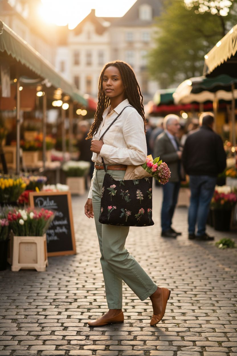Lefe Liee floral small tote bag hanging at hip during weekend flower market stroll