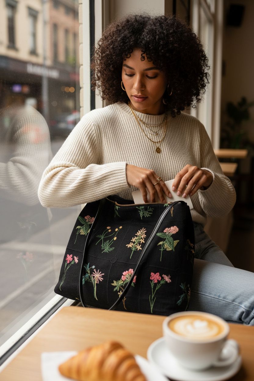 Lefe Liee floral canvas tote bag resting on lap in cozy café setting