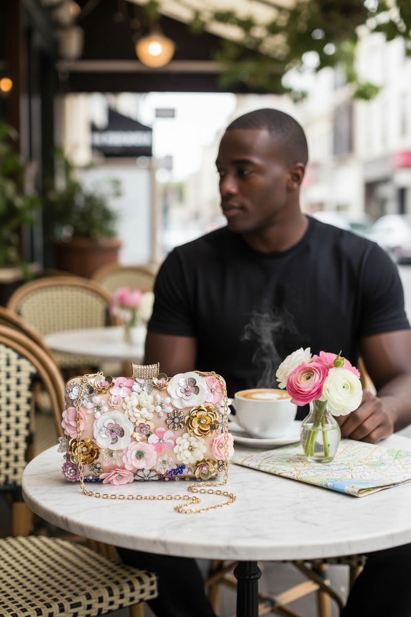 WRINGKIT colorful floral purse resting on a café table with cappuccino