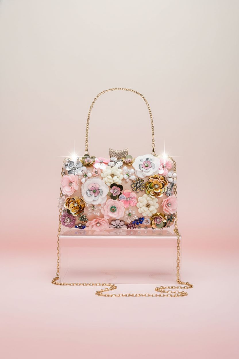 Close-up of WRINGKIT floral purse showcasing intricate beading and embroidery