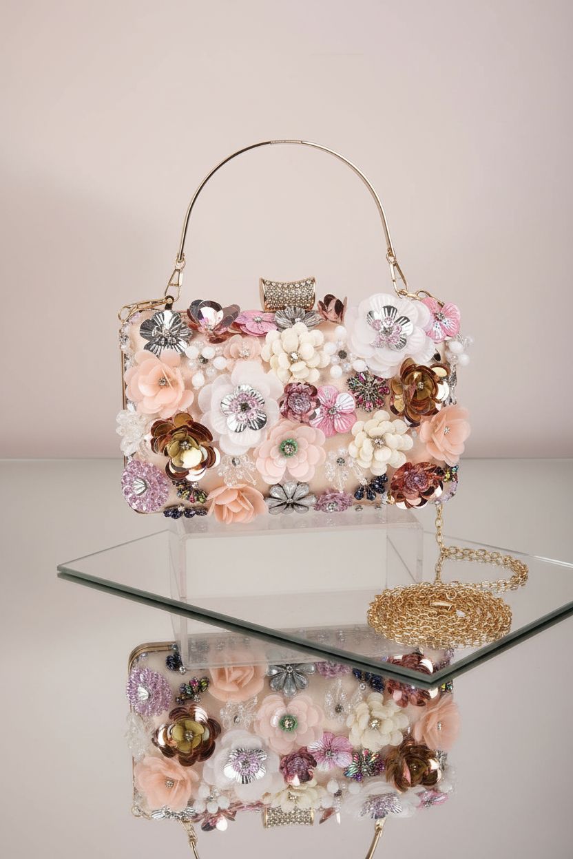 Fecialy floral evening handbag displayed elegantly on a studio backdrop.