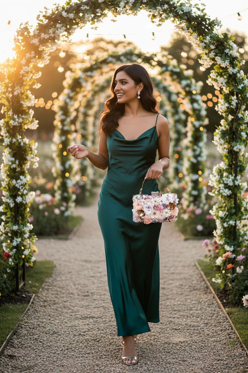 Fecialy floral evening handbag with rhinestones, perfect for garden parties.