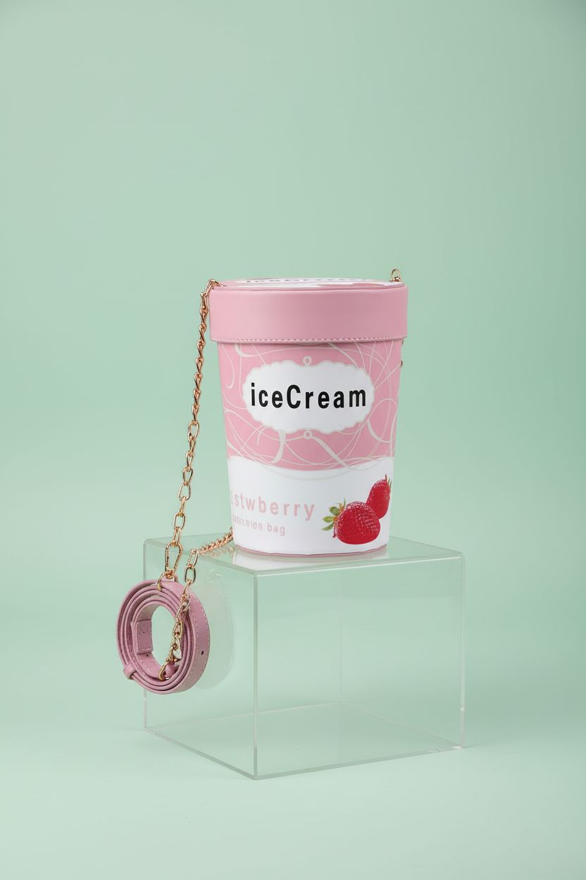 Minimalist design of S&Best ice cream bucket bag on clear display