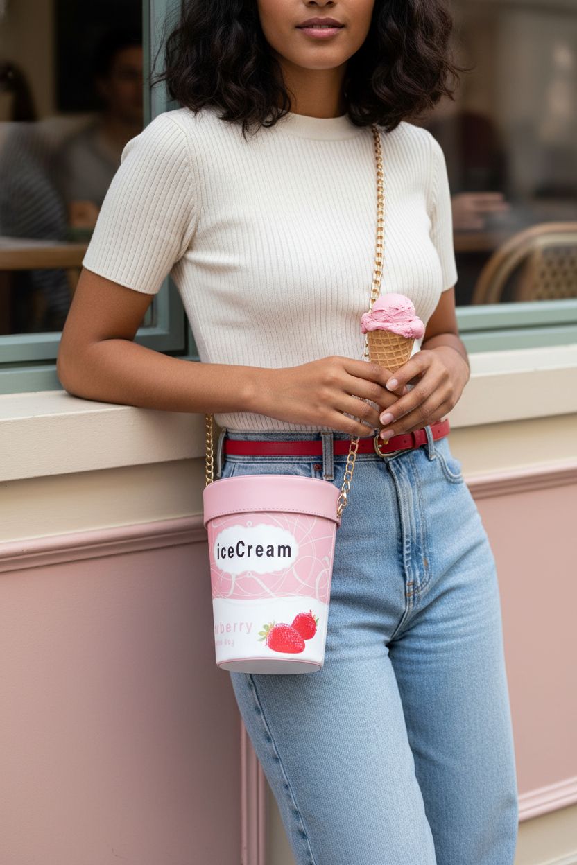 Stylish crossbody purse with waffle cone design by S&Best on pastel ledge