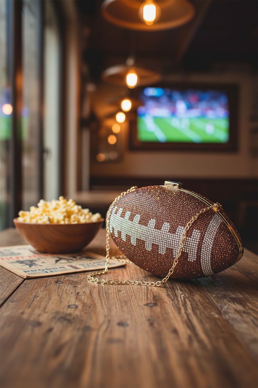 ARTLUXE football purse resting on a rustic table in a cozy sports bar, surrounded by snacks.