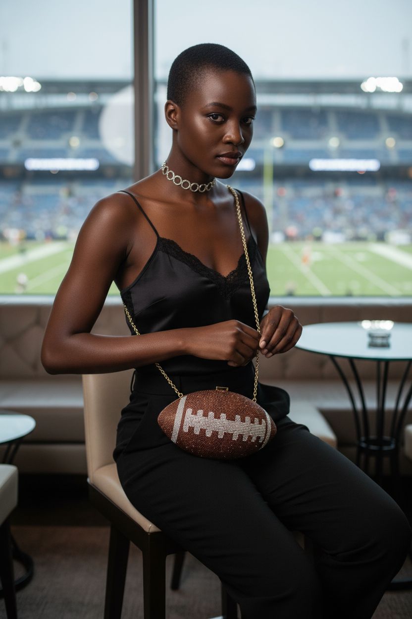 ARTLUXE football purse with brown rhinestones on lap in a chic VIP box during halftime.