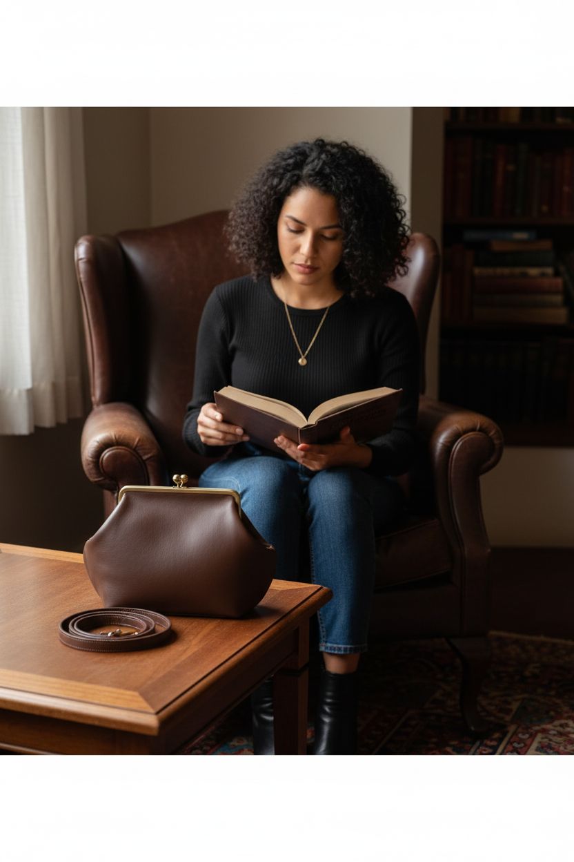 Coach Large Kisslock Frame Bag resting on a table in a cozy brownstone nook