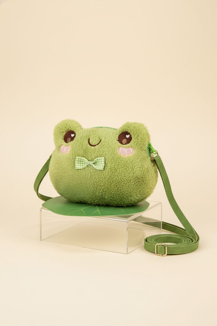 Product shot of Mixweer frog purse on a studio background, showcasing plush details.