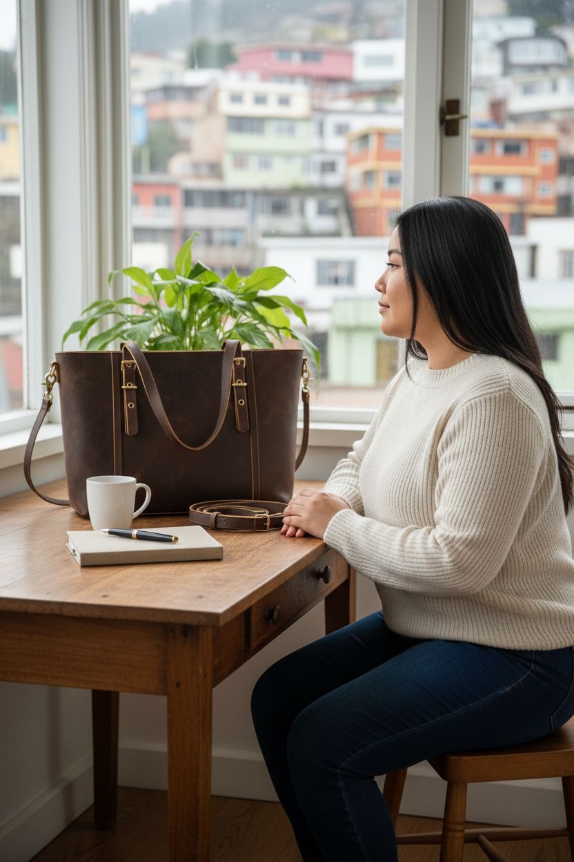 STAR VISTA Full Grain Leather Tote in a cozy home office with a notebook and plant.