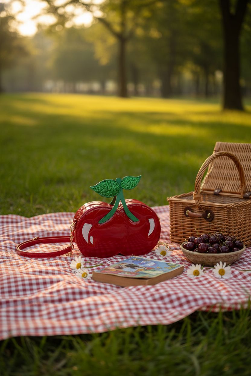 ENJOININ cherry crossbody bag placed on a picnic blanket with daisies and cherries.