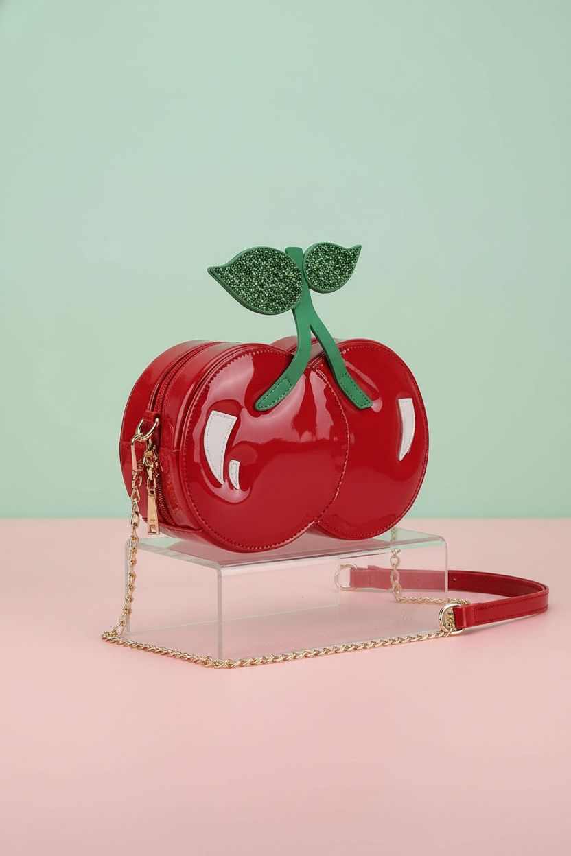 ENJOININ cherry crossbody bag on a clear acrylic riser showcasing its design.